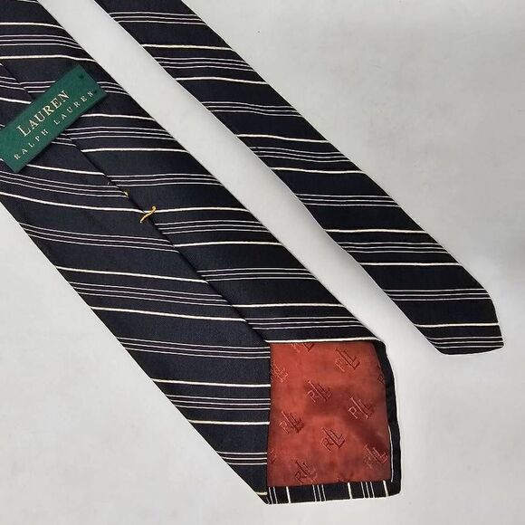 LAUREN RALPH LAUREN LRL SILK TIE BLACK CREAM MULTI STRIPED TEXTURED 3.75" - Picture 2 of 2